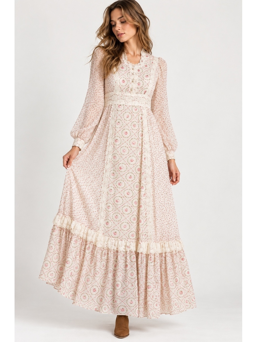 Vintage 70s Prairie Maxi Dress 11/12 Pink Floral Lace Cottagecore Victorian Boho